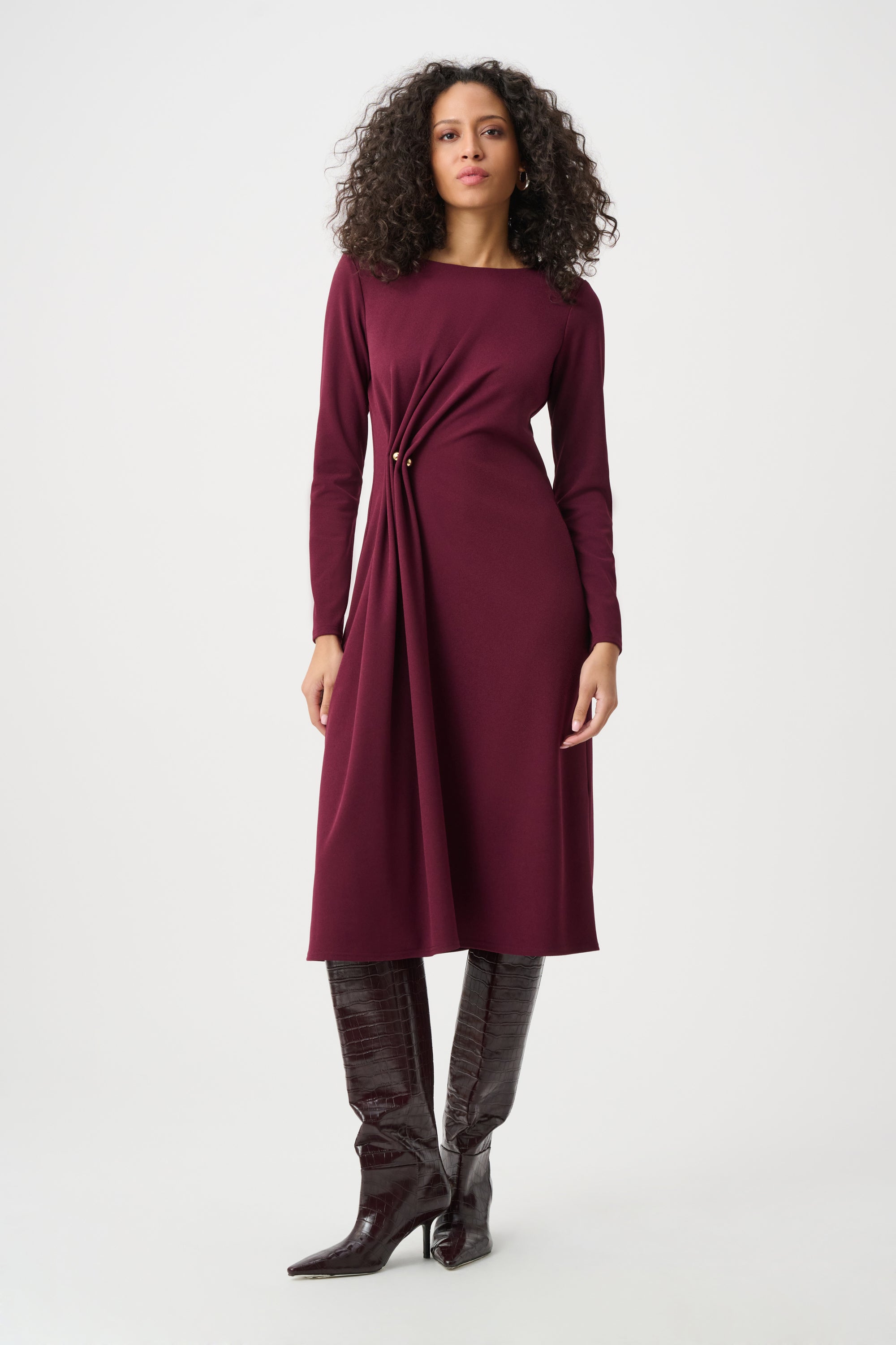Brooch Pleated Front Sheath Dress Elderberry