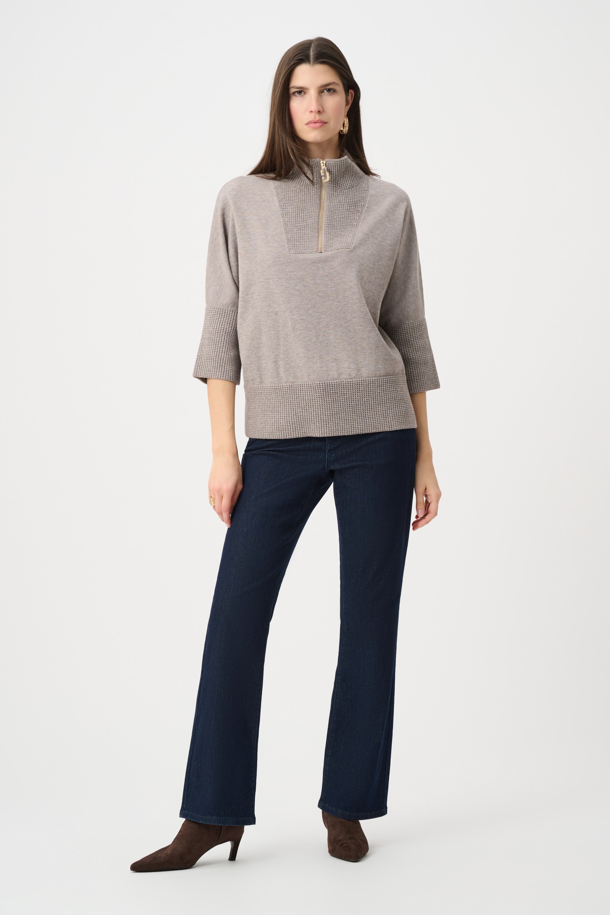 プププ Ribbed Trim Half-Zip Pullover Taupe melange | Joseph Ribkoff