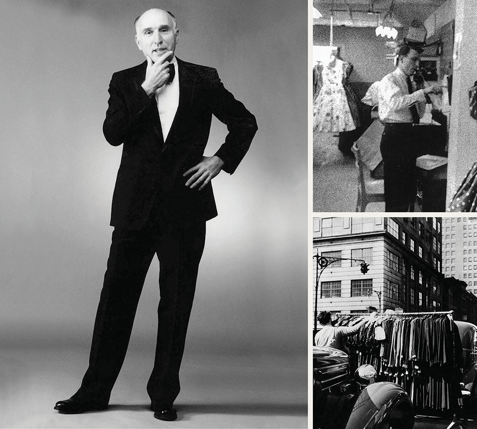 Fashion designer Joseph Ribkoff posing in a black tuxedo