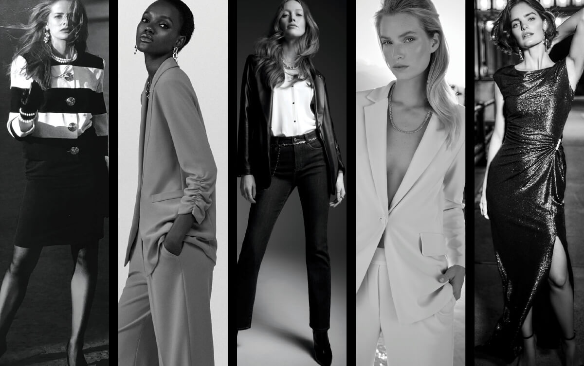 Grid of black and white fashion images featuring women in various Joseph Ribkoff outfits.
