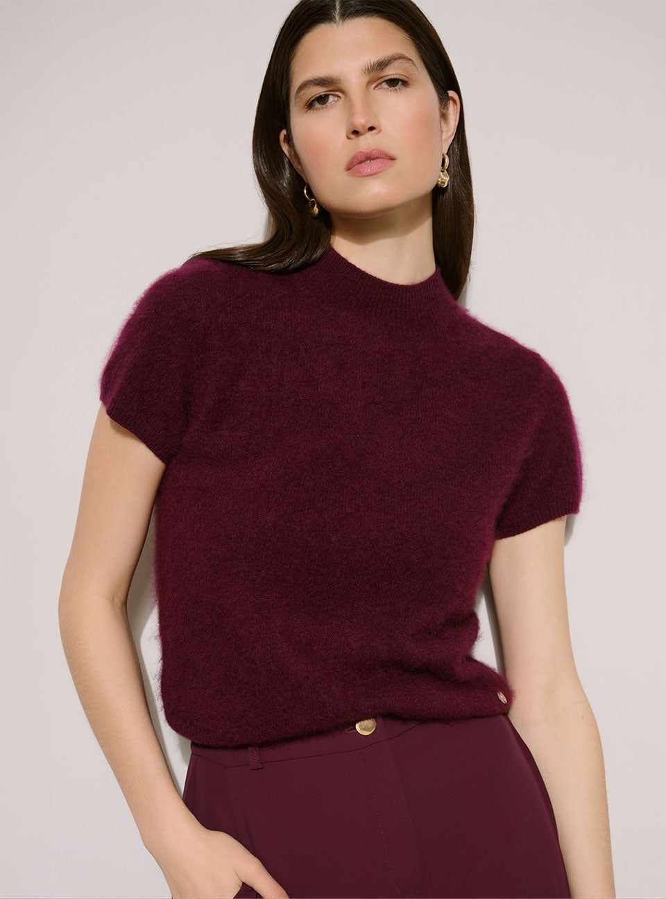Joseph Ribkoff soft touch short-sleeve mock neck sweater in deep burgundy